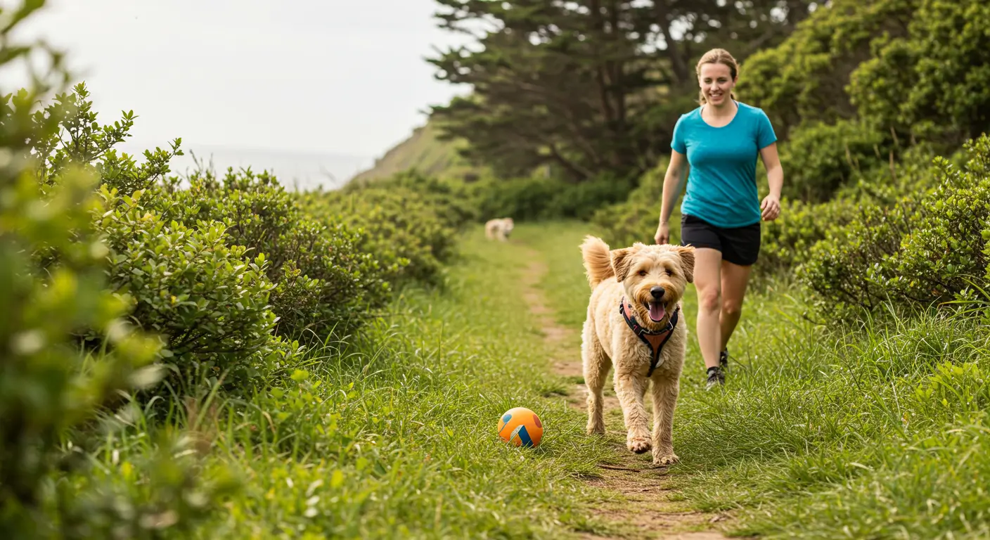Dog and owner enjoying outdoor activities together: hiking, fetch, and beach fun