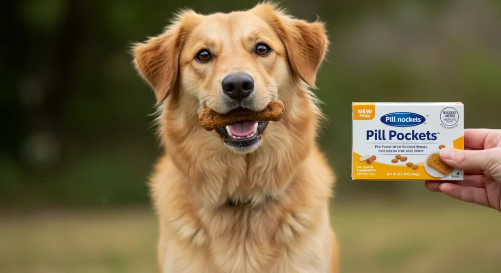 A golden retriever happily holding a treat-shaped pill pocket in its mouth while a hand displays a box of pill pockets in the foreground