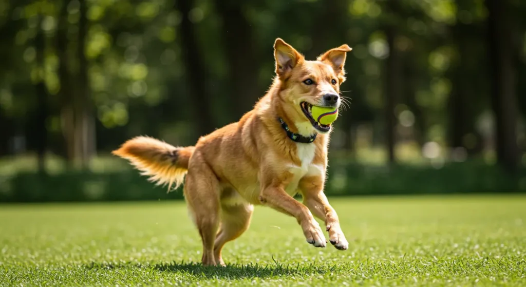 Happy dog playing fetch outdoors in a sunny park