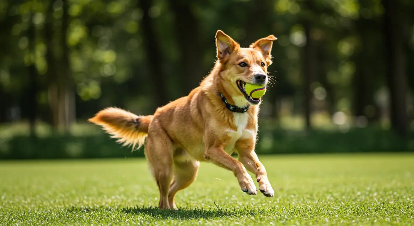 Happy dog playing fetch outdoors in a sunny park