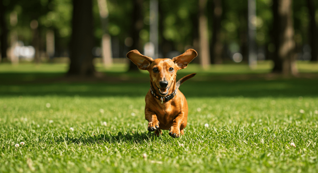 Happy Dachshund enjoying a walk in the park