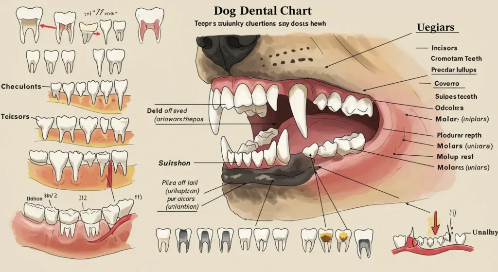 Detailed Dog Dental Chart with Labeled Teeth and Health Indicators