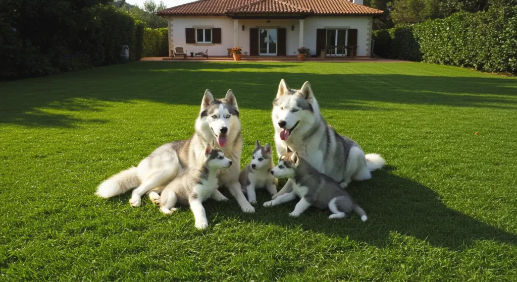 A group of Huskies, including puppies and adults, playing together