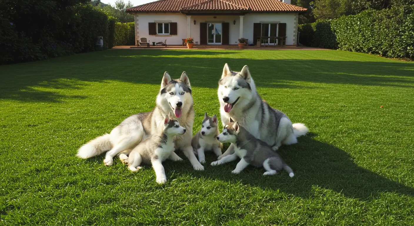 A group of Huskies, including puppies and adults, playing together