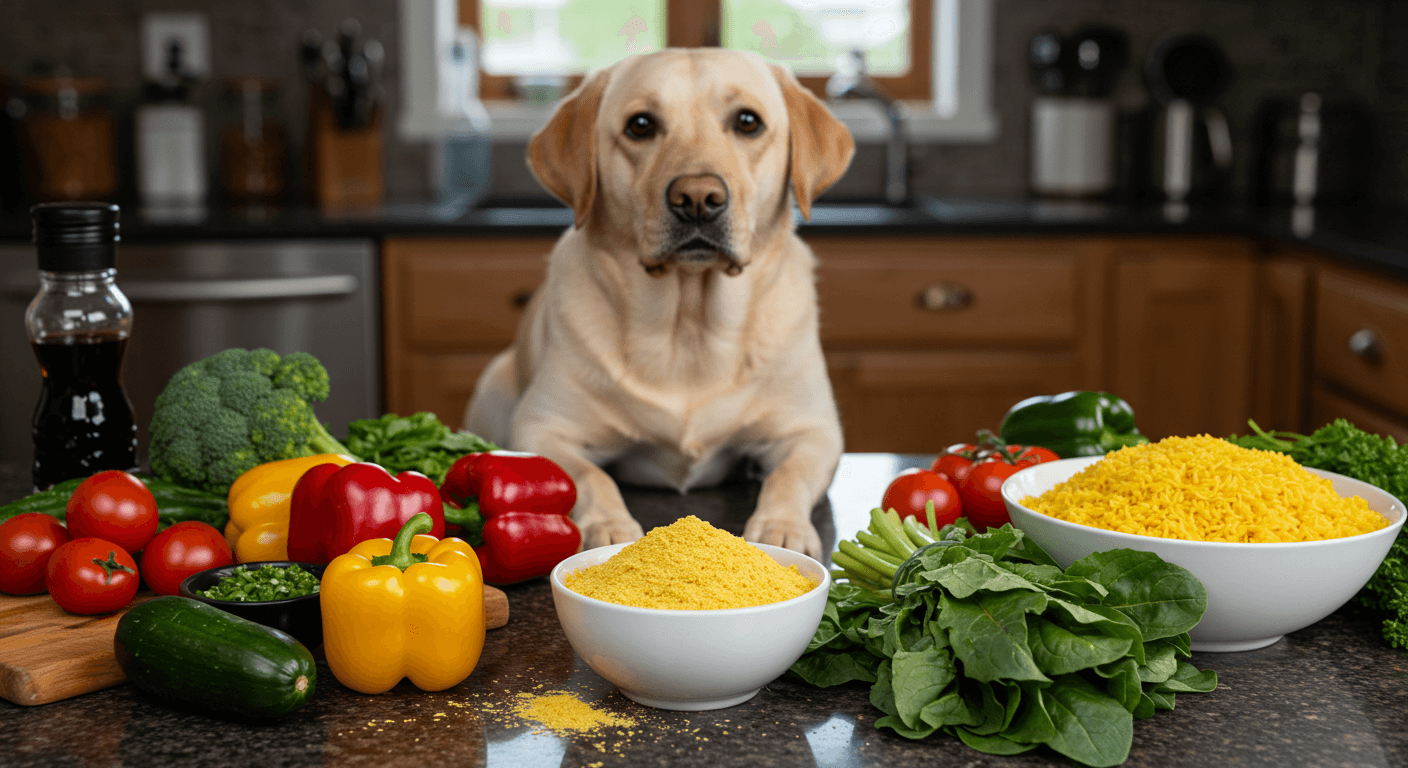 Is Nutritional Yeast Healthy for Dogs? A smiling golden retriever dog sitting in a kitchen with food bowls in front of it, including carrots, green beans, and red bell peppers